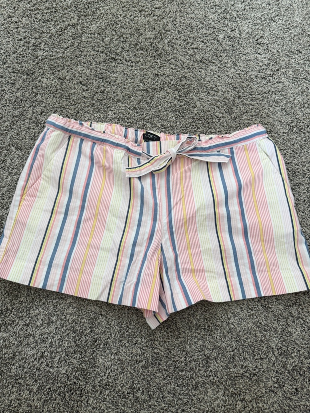 LOFT Pastel Multi-Stripe Tie-Waist Cotton Shorts - Pink, Blue, Yellow, Cream